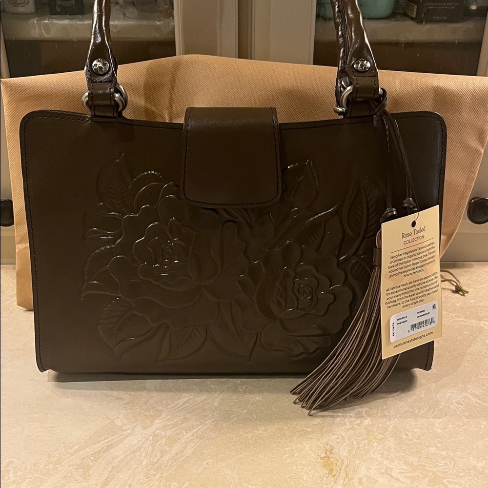 Patricia Nash Rienzo Rose Tooled Satchel Mushroom color
